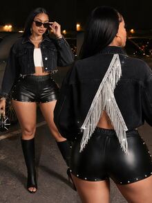Jeanoix Y2K Plus Size Women's Fashion Washed Denim Jacket With Back Tassel Decor - Dark Grey - View 1