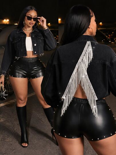 Jeanoix Y2K Plus Size Women's Fashion Washed Denim Jacket With Back Tassel Decor