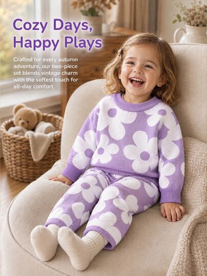 SHEIN Baby Girls Black Floral Jacquard Knit Sweater And Pants Set,Autumn Cute Family Matching 2 Pieces Fashionable Casual Long Sleeve Warm Knitwear Suit