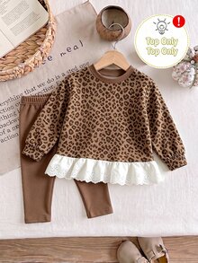 Infant & Toddler Leopard Print Patchwork Ruffle Long Sleeve Top, Vintage Coffee Brown Crew Neck Sweatshirt, Hollow Lace Hem Design, Soft & Skin-Friendly, Spring/Autumn/Winter New Stylish Versatile Piece For Baby Girl - Multicolor - View 1