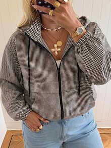 SHEIN EZwear Plus Size Plaid Zipper Long Sleeve Hooded Jacket - Multicolor - View 1