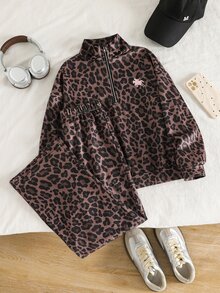 SHEIN 青少年女孩2件套，美式慵懶高街可愛酷女孩豹紋印花，立領半拉鍊運動衫，喇叭寬腿褲，棕色 - 彩色 - 查看 6