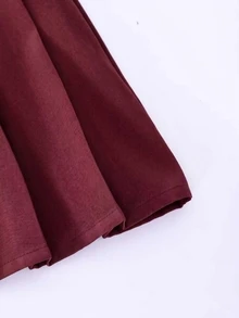 SHEIN 青少年女孩素色抓皺短款休閒學院風裙，深棕色，適合假期、秋季、旅行與學校 - 酒紅色 - 查看 4