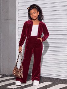 SHEIN 女童天鵝絨連帽開襟衫與長褲運動休閒套裝 - 紅色 - 查看 4