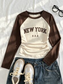 1pc Tween Girl Tween Girl T-Shirt, Fall Tops, Round Neck Long Sleeve Slim Fit T-Shirt With English Letter Graphic - Brown - View 1