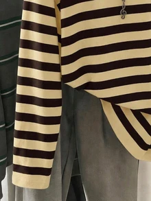 SHEIN EZwear Casual Minimalist Cream Yellow Striped Pattern Round Neck Long Sleeve Loose Fit T-Shirt Suitable For Spring And Autumn - Multicolor - View 5