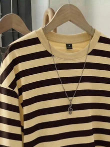 SHEIN EZwear Casual Minimalist Cream Yellow Striped Pattern Round Neck Long Sleeve Loose Fit T-Shirt Suitable For Spring And Autumn - Multicolor - View 3