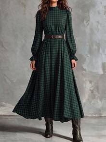 Solivie Women's Autumn Green Plaid Dress Long Sleeve - Green - View 4