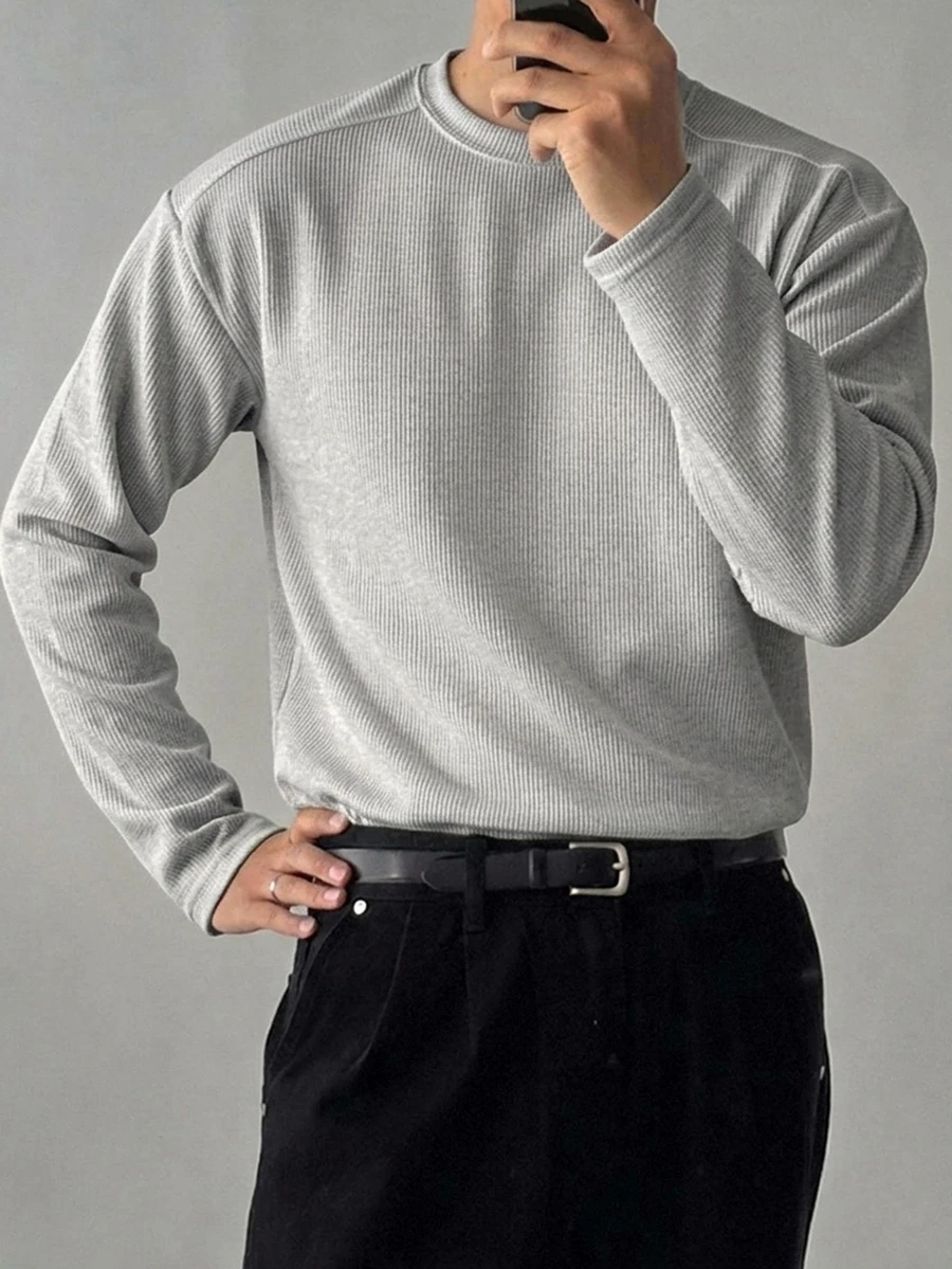 DAZY 春秋款華夫格紋布料圓領白色男士T恤 - 淺灰色 - 查看 1