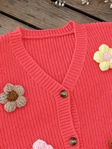 SHEIN 可愛黑色花卉開襟衫，適合前青春期女孩，秋季開學季 3D 花朵針織外套，前青春期女孩鈕扣針織衫，長袖春秋冬季外套 - 玫紅色 - 查看 4