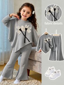 SHEIN Elladie kids 女童春夏秋冬休閒親子套裝 T-shirt，不對稱套頭長袖高領磨毛淺灰色花卉羅紋布料 3D 花朵 - 灰色 - 查看 3