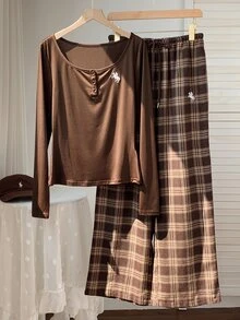 Comfortcana Women's Knight Embroidery Long Sleeve T-Shirt And Plaid Pants Casual 2 Pieces Set - Brown - View 4