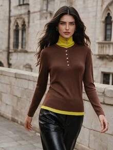 Anewsta Essential كنزة صوفية محبوكة بياقة عالية وأزرار نصفية وتصميم ضيق بألوان متباينة 2 في 1 - بني - مشاهدة 6