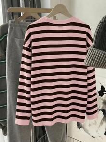 SHEIN EZwear 休閒簡約粉色條紋圓領長袖寬鬆版型T恤，適合春秋穿著 - 彩色 - 查看 2