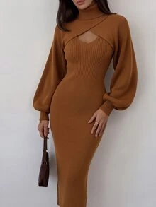 Wandoria Autumn/Winter Holiday Daily Party Elegant Casual High Neck Cross Shawl Lantern Sleeve Ribbed Knit Slit Mid-Length No Pattern Caramel Color 2 Pieces Dress Set - Brown - View 3