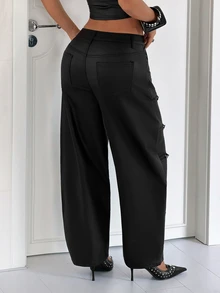 Jeanoix Women's Y2K Fashion Button Faux PU Coated Long Pants - Black - View 3