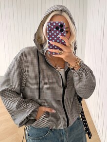 SHEIN EZwear Plus Size Plaid Zipper Long Sleeve Hooded Jacket - Multicolor - View 8