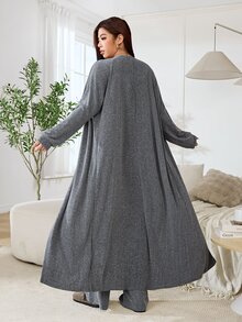 Solflare Plus Size Minimalist Camisole, Loose Pants And Long Sleeve Cardigan 3 Pieces Set - Light Grey - View 2