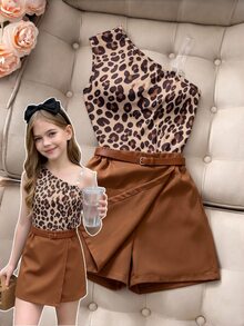 SHEIN Tween Girls 2pcs/Set 1 Mini Set Tween Girls Spring/Summer Fashion Old Money Style Versatile Asymmetrical Shoulder Tank Top & Shorts Set - Brown - View 1