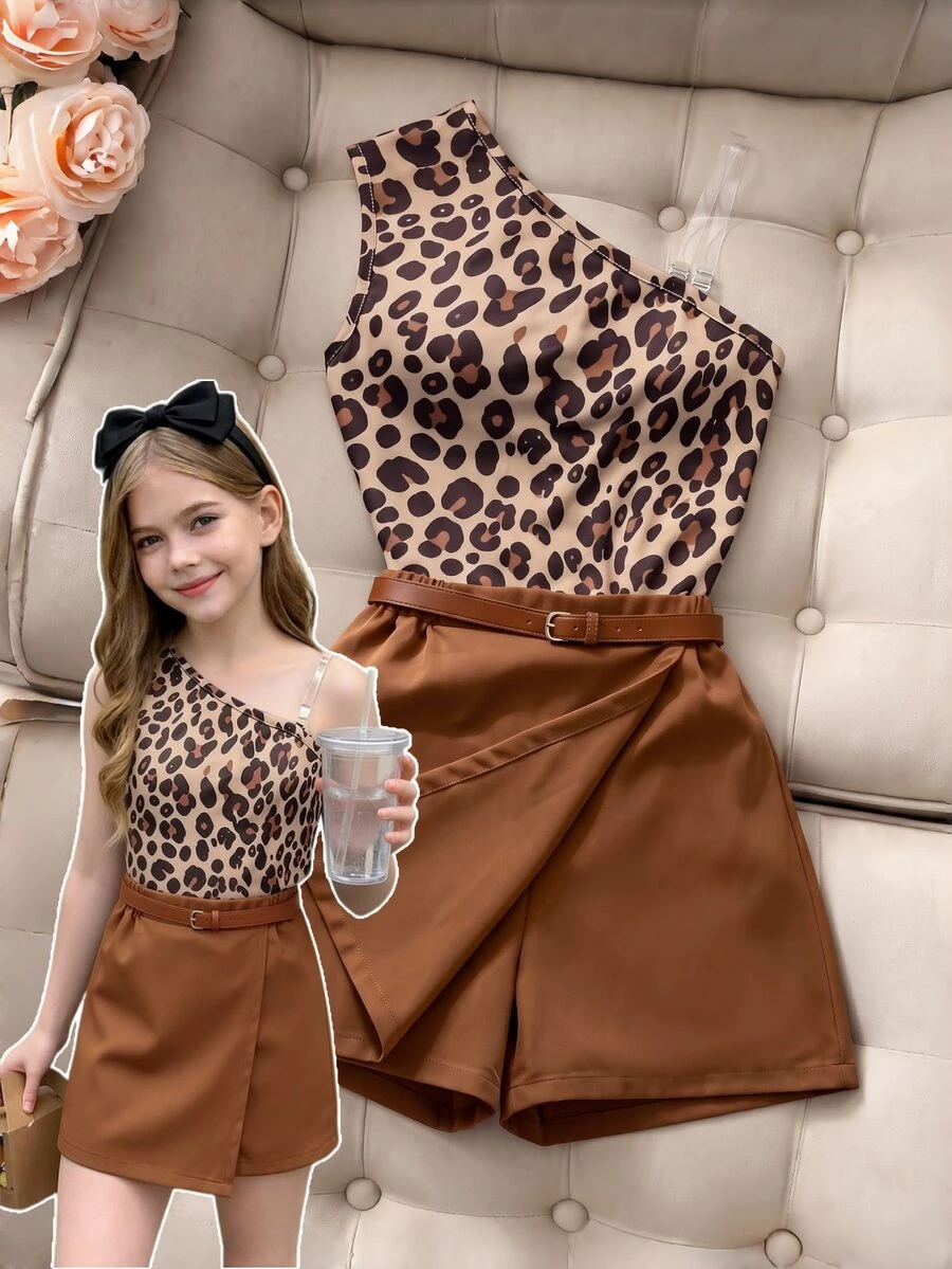 SHEIN Tween Girls 2pcs/Set 1 Mini Set Tween Girls Spring/Summer Fashion Old Money Style Versatile Asymmetrical Shoulder Tank Top & Shorts Set - Brown - View 1