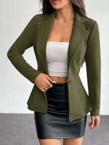 SHEIN PETITE 女款翻領單扣西裝外套，秋季/冬季辦公穿搭，適合嬌小身材女性 - 軍綠色 - 查看 1