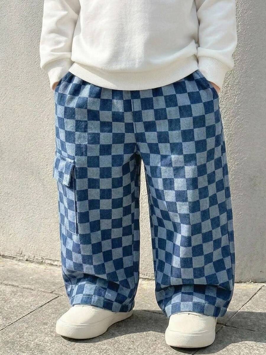 Baby Boy Baby Girl Baby Boy Checkerboard Checkered Pattern Elastic Waist Casual Long Pants, Versatile And Comfortable - Blue - View 1