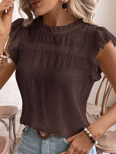 SHEIN Frenchy Summer Casual Shirt, Floral Eyelet Embroidery, Water-Soluble Lace And Ruffle Trim, Butterfly Sleeves, Summer Top, Summer Essential, French Dress