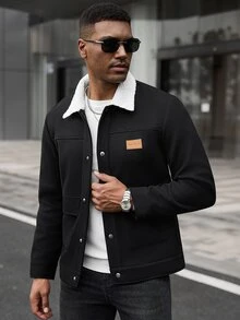 Manfinity CasualCool 男士 Ins 熱銷黑色混紡羊毛拼接白領皮革標裝飾成熟風羊毛大衣，送給爸爸、男友、丈夫的萬聖節、聖誕節、新年禮物 - 彩色 - 查看 5