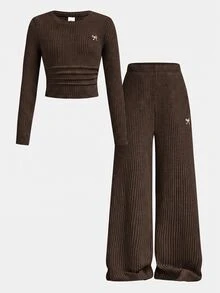 SHEIN 青少年女孩多功能蝴蝶結圖案長袖上衣與長褲棕色兩件套 - 棕色 - 查看 10