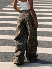 SHEIN EZwear 女款棉質寬鬆牛奶圖案插口袋寬腿休閒牛仔褲，西方女性，外出穿搭，復古，街頭風 - 彩色 - 查看 5