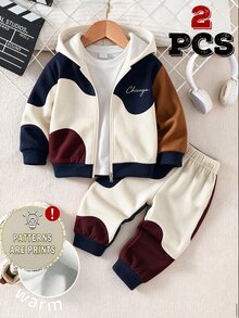 Young Boys Clothes Wave Color Block Chicago Letter Print Zip Up Hoodie Jacket And Jogger Pants Set Fall Winter Tracksuit 2Pcs Outfit - Multicolor - View 3