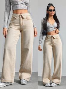 SHEIN Tall 女款摺腰直筒寬鬆休閒百搭牛仔褲 - 卡其色 - 查看 1