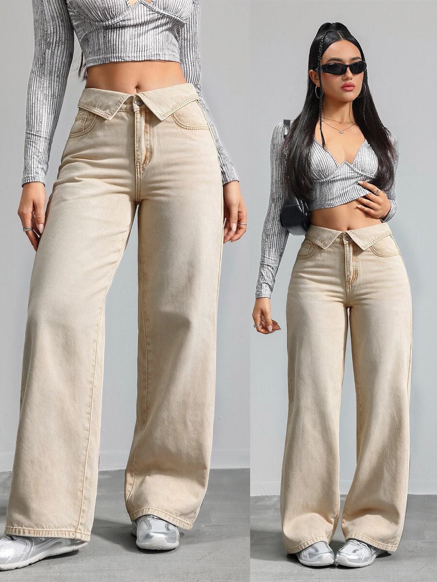 SHEIN Tall 女款摺腰直筒寬鬆休閒百搭牛仔褲 - 卡其色 - 查看 1