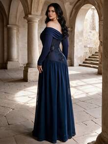 Coutiva Đầm dạ hội trang trọng thanh lịch tay dài trễ vai họa tiết jacquard cho nữ size lớn (đính kết cầu kỳ) - Màu xanh hải quân - Xem 2
