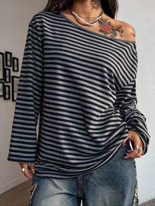 Coolane 女款條紋不對稱肩長袖休閒百搭T恤 - 黑色 - 查看 6