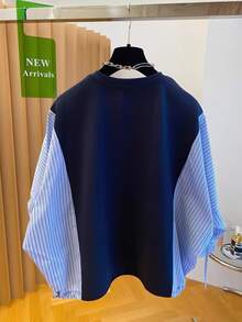 INAWLY Women's Patchwork Striped Raglan Long Sleeve Loose Casual Sweatshirt - Blue - View 2