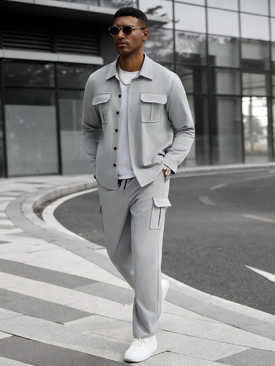 Manfinity CasualCool Setelan Kemeja dan Celana Lengan Panjang Warna Polos Kasual Pria, Pakaian Musim Gugur - Grey - View 1