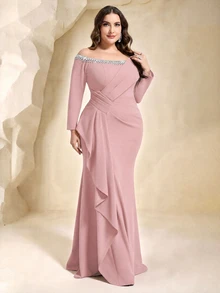 Coutiva Đầm dạ hội trang trọng trễ vai đính pha lê phong cách thanh lịch size lớn - Màu Hồng baby - Xem 7