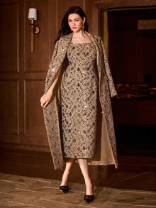 MOTF PREMIUM WOMEN'S SEQUIN FASHION DATE PARTY LONG DRESS - Khaki - View 7