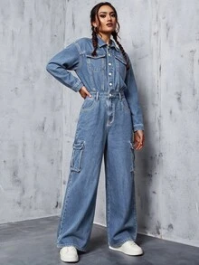 Rivivi Women's Casual Denim Jumpsuit With Pockets For Daily Wear - Blue - View 5