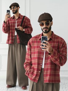 HUEFORM قميص رجالي بأسلوب ريترو من القطن بنقشة مربعات حمراء، قصة قصيرة وفضفاضة، مناسب للخروجات اليومية والاسترخاء في المنزل. هدية عيد الميلاد لزوجي - الأحمر - مشاهدة 1