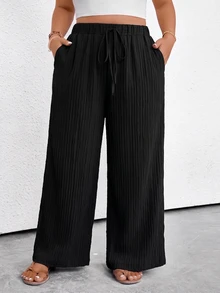 Breezaya Plus Size Women Solid Color Waist Tie Pockets Wide Leg Pants Fall Cloth For Women - Black - View 6