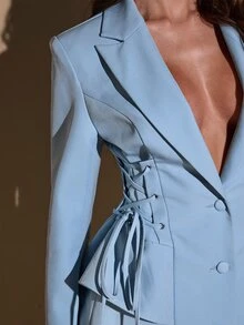SHEIN BAE Women's Solid Color Lapel Neck Long Sleeve Side Waist Tie Design Elegant Blazer - Baby Blue - View 7