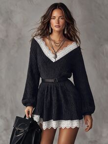 Solivie كنزة نسائية سوداء للخريف/الشتاء، كنزة شينيل بتصميم كتل لونية متباينة مع دانتيل - الأسود - مشاهدة 1