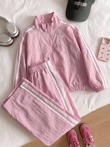 SHEIN 女童小女孩拼色條紋拉鍊外套配蝴蝶結、鬆緊腰長褲，復古套裝，日常穿著校園返校裝 - 藕粉色 - 查看 6