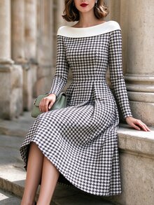 RosyDaze 2026 Fall Winter Women French QuietLuxury Elegant Houndstooth Midi Dress OffShoulder Contrast Collar Long Sleeve ALine Dress With Pockets Versatile - Black and White - View 5