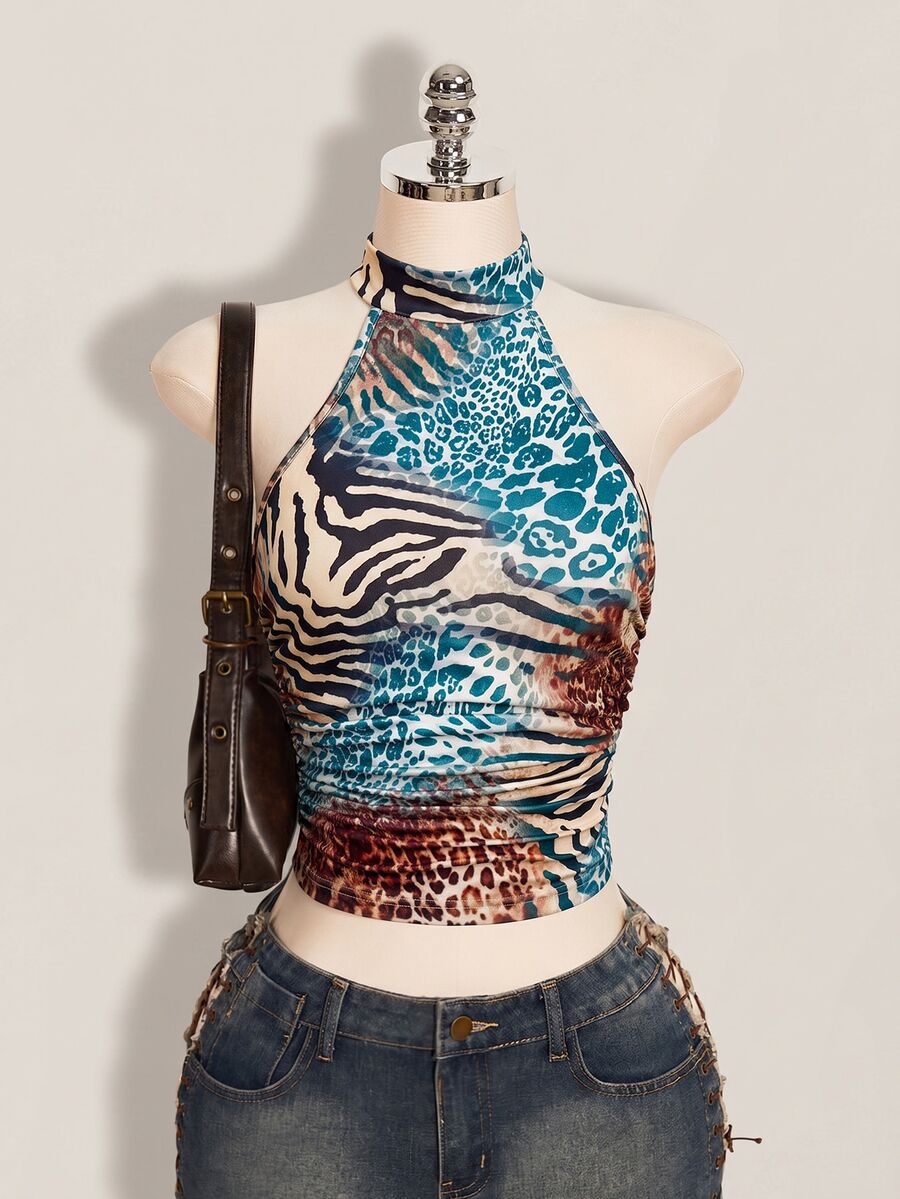 SHEIN ICON 女款性感豹紋掛脖修身背心 - 彩色 - 查看 1