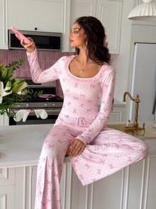 SweetSlumber Sweet Ins Bow Print Lace Patchwork Long Sleeve Women's Pajama Set - Pink - View 3