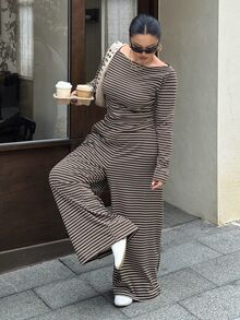 Muchica 大尺碼女款條紋船領長袖T恤與寬腿褲休閒兩件套 - 彩色 - 查看 1