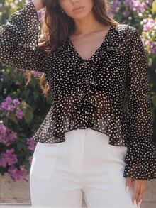 SHEIN VCAY Plus Size Women Polka Dot Ruffle Collar Front Tie Bell Sleeve Fashion Top - Black - View 3